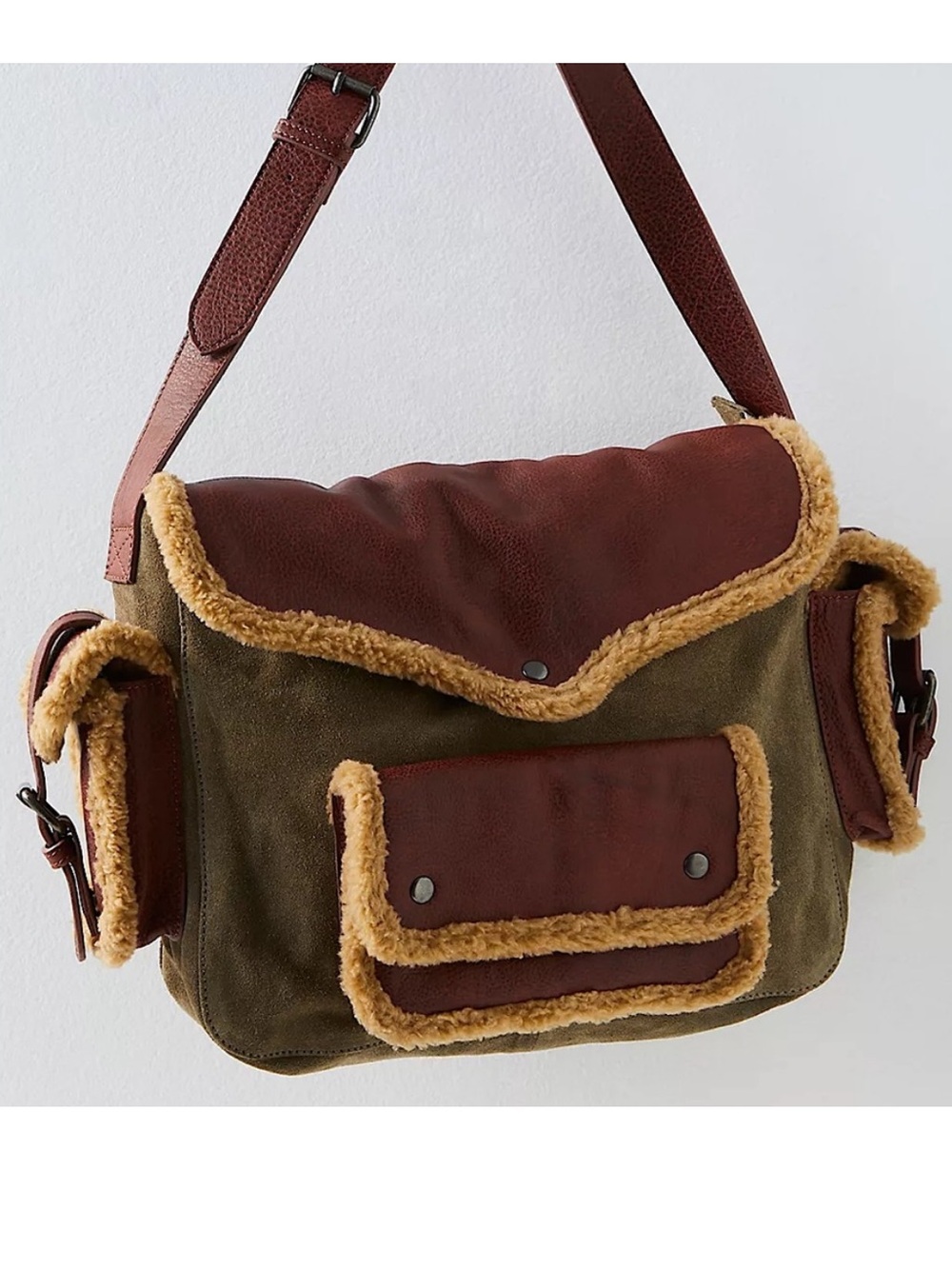 Free People Genuine Leather Suede Durango Messenger Bag in Olive Brown